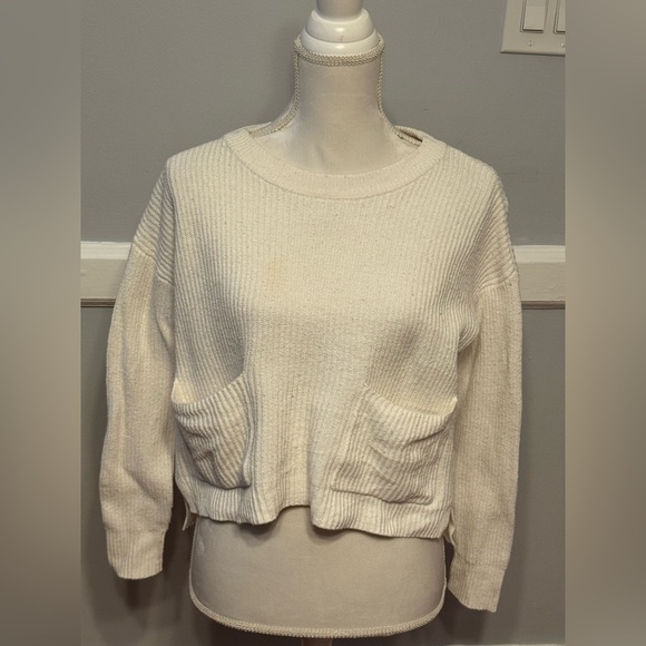 Madewell Cream Crew Neck Ribbed Cropped Long Sleeve Knit Cozy Pockets Sweater - Picture 3 of 8